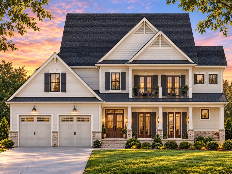 Front elevation of a Traditional Colonial style home with white siding, black shutters, covered porch, and symmetrical facade