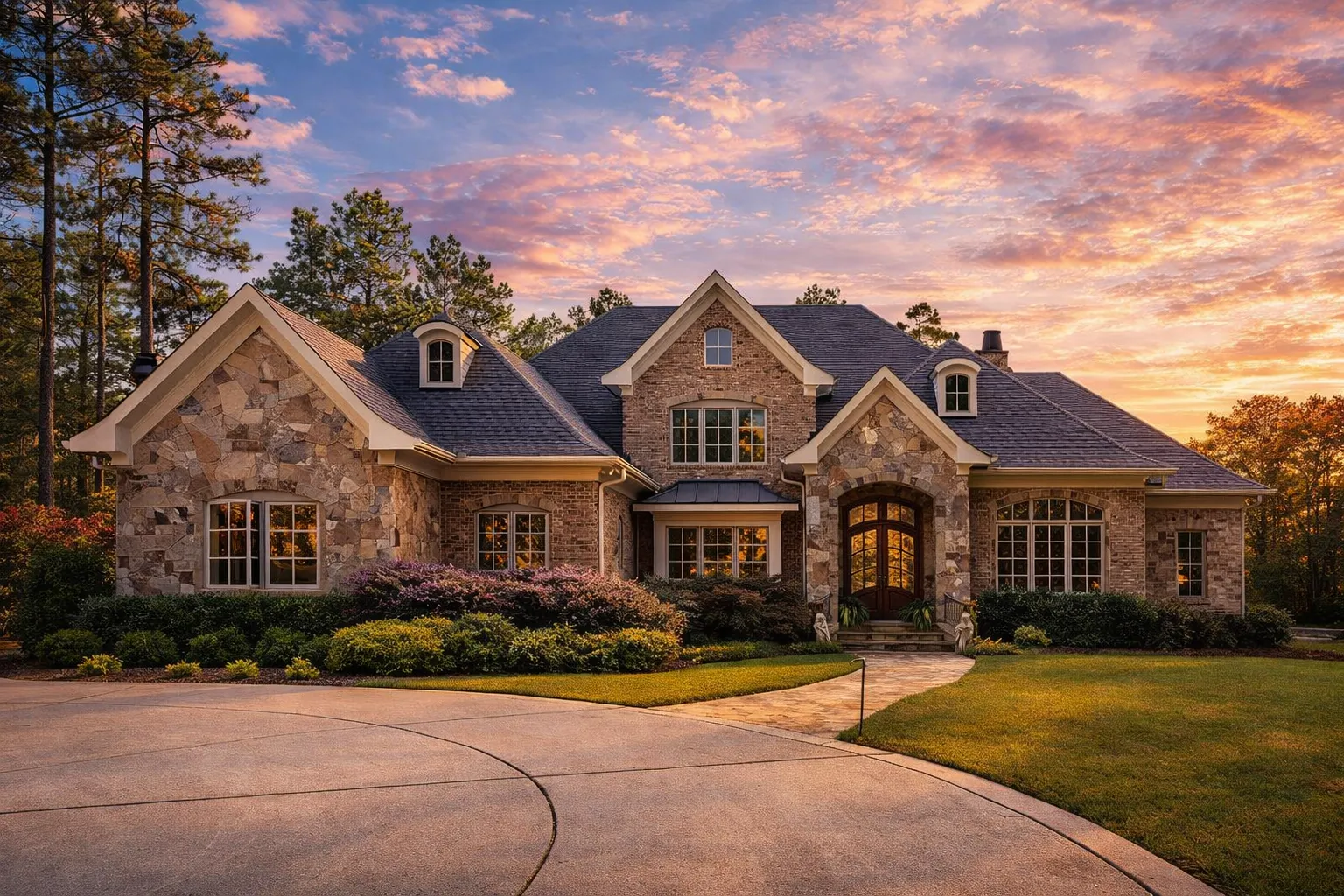 Front elevation of a French Country style home featuring mixed brick and stone exterior, steep rooflines, dormers, and arched architectural detailing