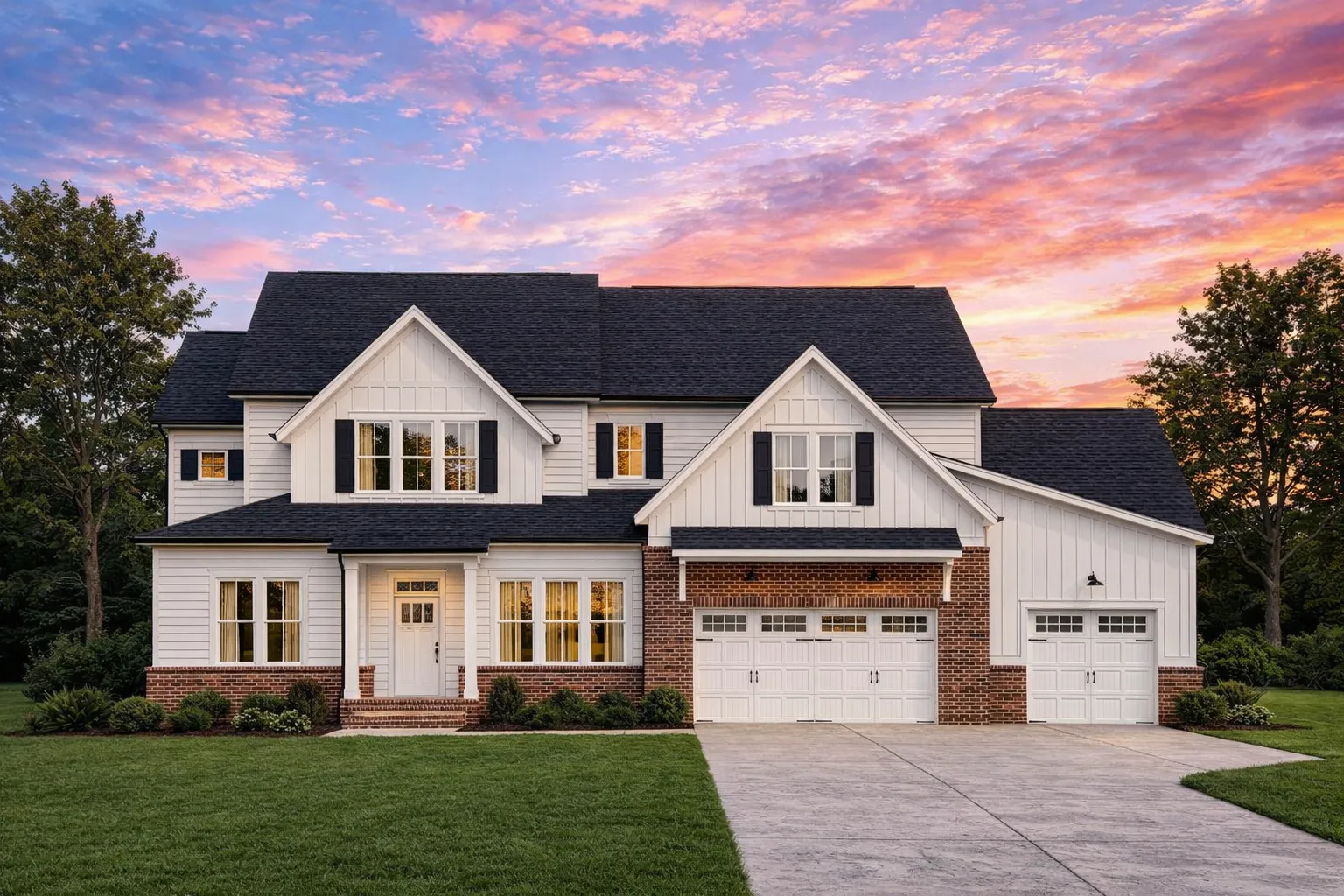 House Plans with Second Floor Laundry Room 23 Front elevation of a modern farmhouse style home featuring board and batten siding, brick garage accents, steep gable rooflines, and a three-car garage