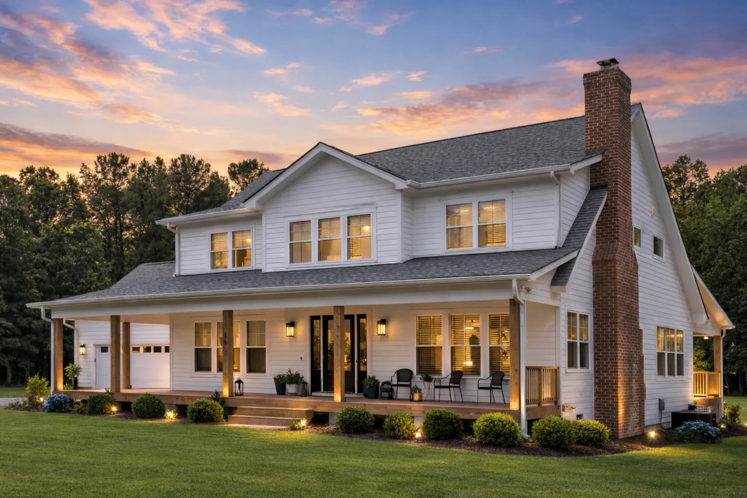 Front elevation of a Modern Traditional New American style home featuring horizontal siding, stone accents, covered porch, and attached garage