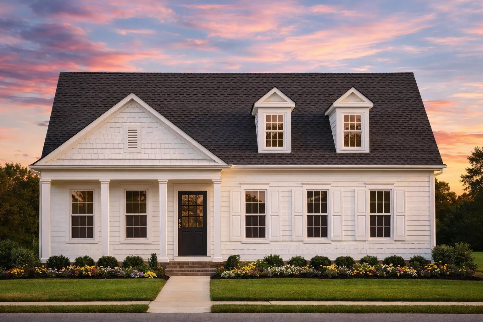 Front elevation of a Cape Cod and Traditional Cottage style home featuring lap siding, dormers, front porch columns, and timeless symmetrical design