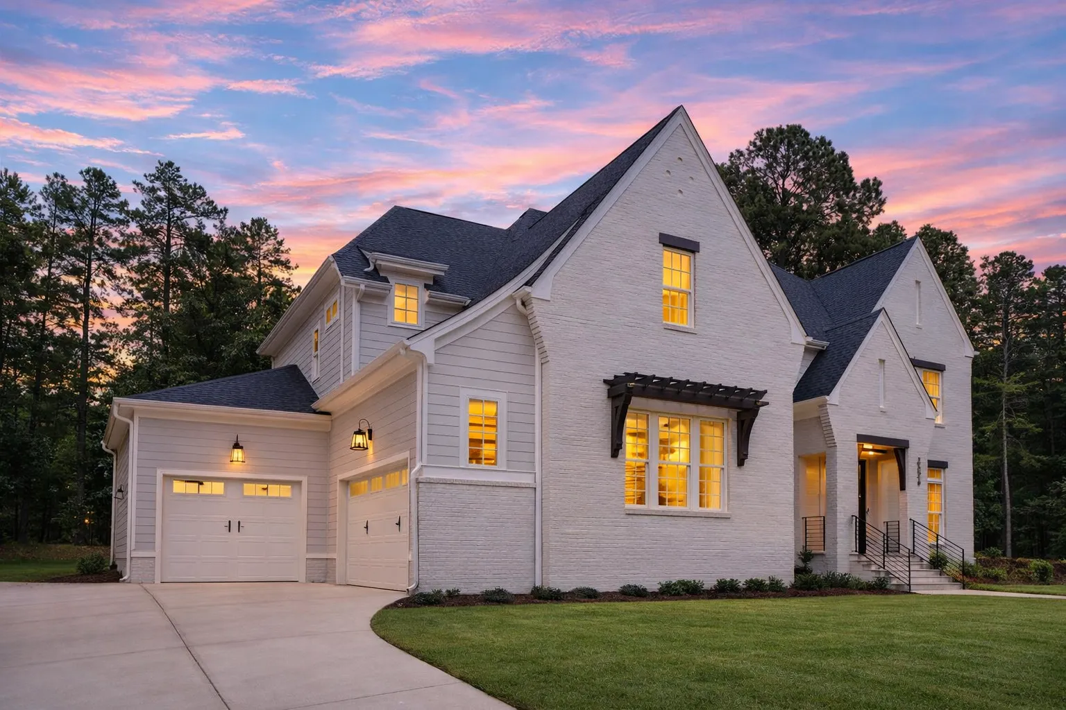 Front exterior of a New American Modern Traditional home with painted brick exterior, symmetrical façade, gabled rooflines, and refined Colonial-inspired detailing