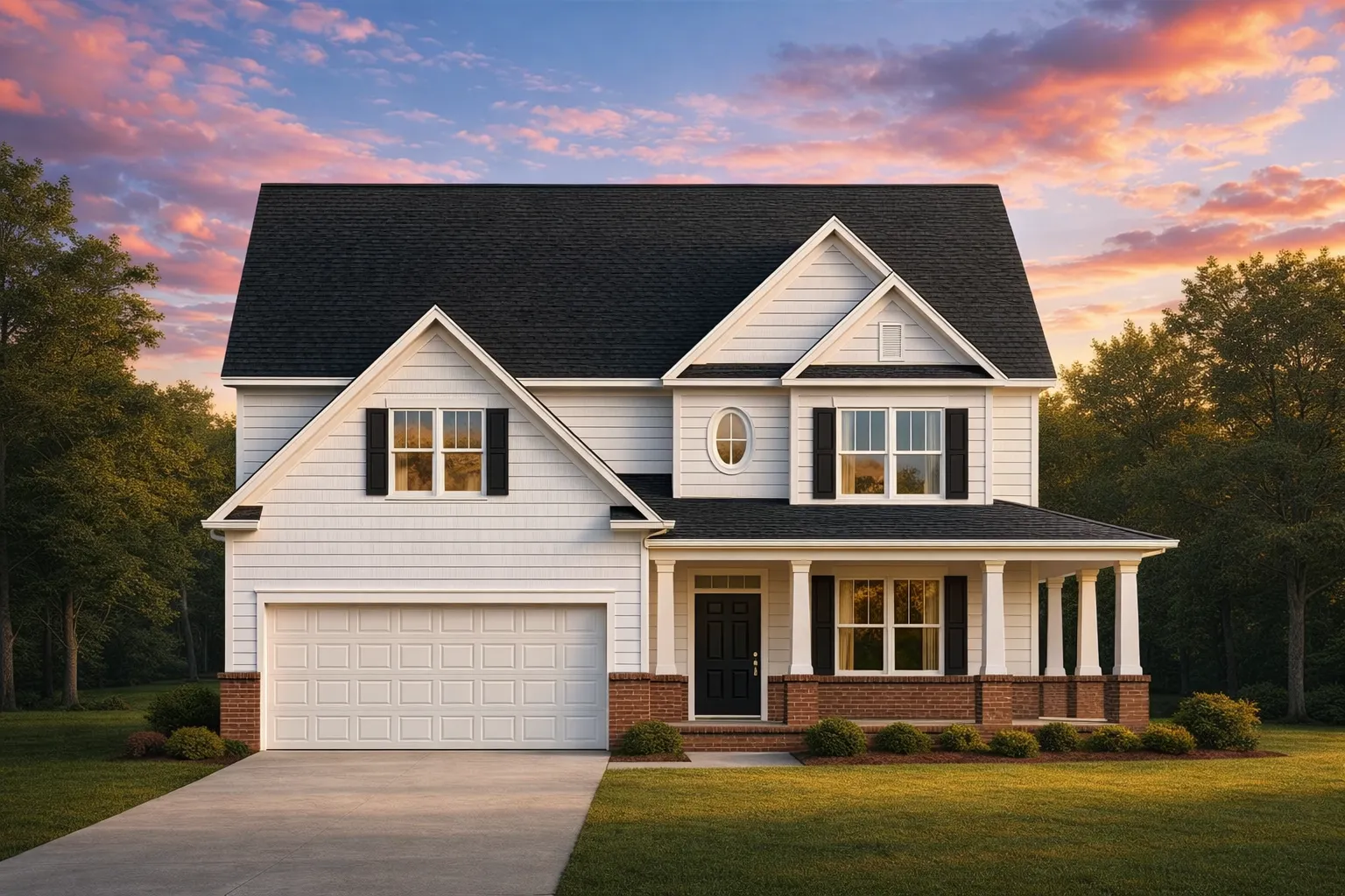 Front elevation of New American modern traditional house with white horizontal siding, brick accents, gabled roof, and covered front porch