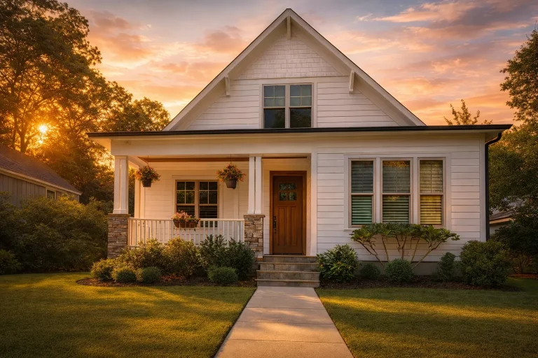 Front exterior view of a farmhouse cottage style home with horizontal lap siding, covered front porch, gable roof, and landscaped yard