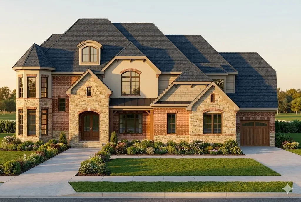 Front elevation of a French Country and French Provincial style home featuring full brick exterior, steep gabled rooflines, and refined European detailing