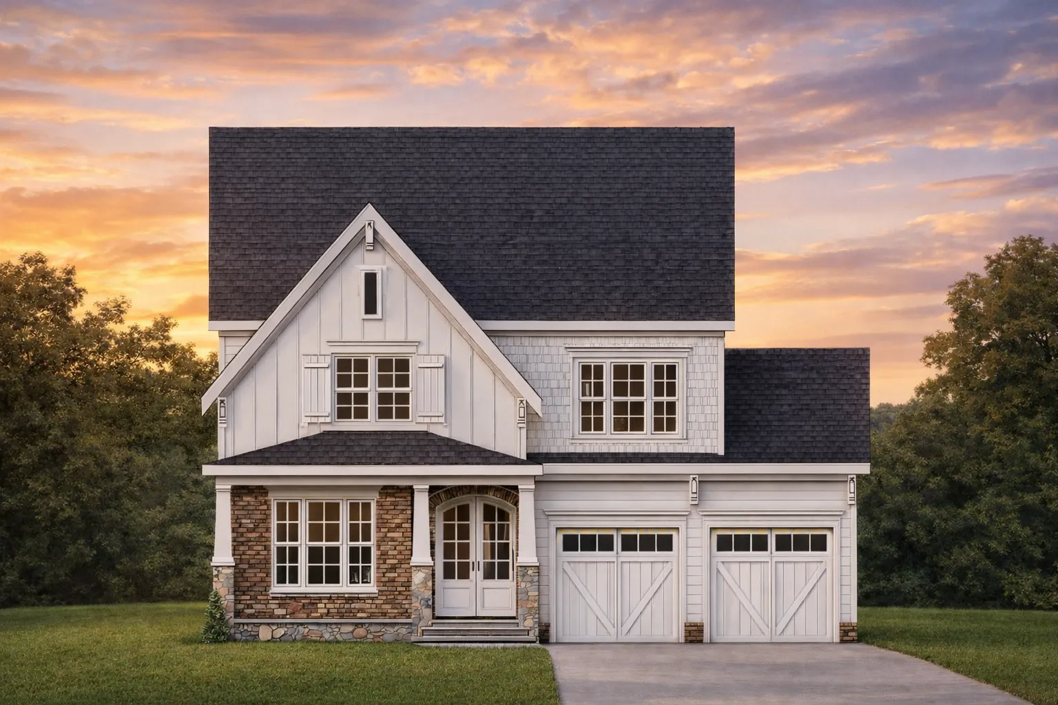 Front elevation of a Modern Farmhouse style home featuring board and batten siding, stone accents, gabled rooflines, and a double garage