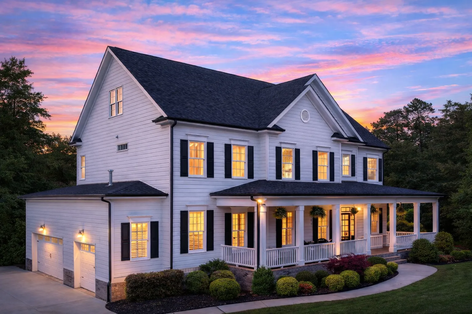 Front elevation of a two-story Colonial Revival style home with horizontal siding, symmetrical windows, covered front porch, and attached garage