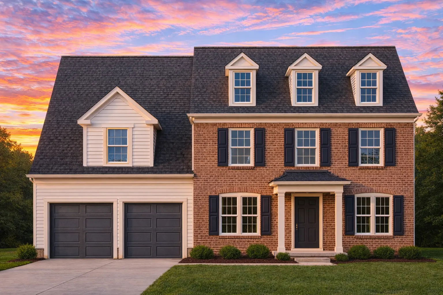 Front exterior of a Traditional Colonial style home with brick facade, dormer windows, black shutters, and attached two-car garage