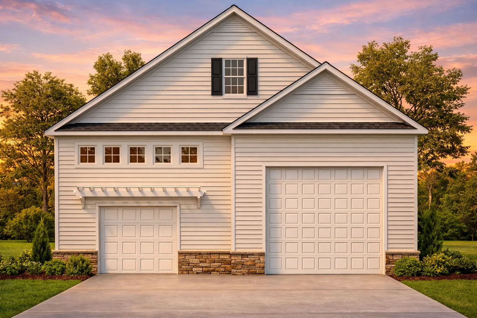 Front elevation of a Coastal Cottage style garage apartment with Cape Cod rooflines, blue horizontal siding, stone base accents, and decorative shutters