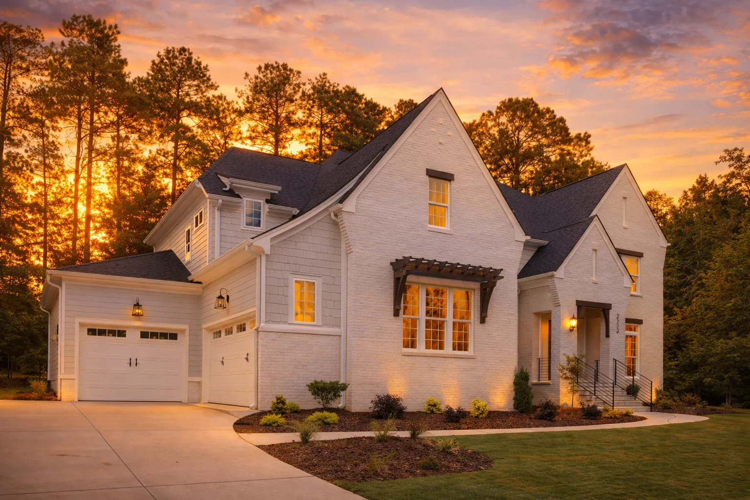 Front exterior of a New American Modern Traditional home with painted brick exterior, symmetrical façade, gabled rooflines, and refined Colonial-inspired detailing