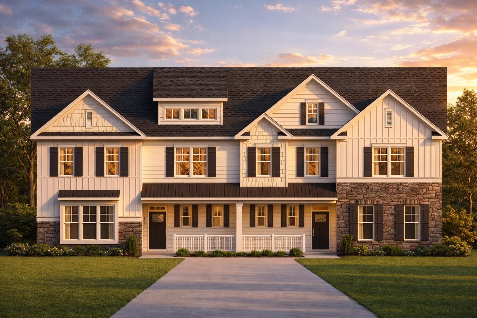 Front elevation of a Modern Farmhouse New American style home with board and batten siding, lap siding, stone accents, and a covered front porch