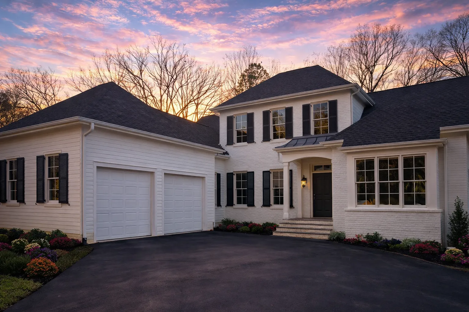 Front elevation of a traditional Colonial style brick home with symmetrical windows, centered entry, and classic shutters