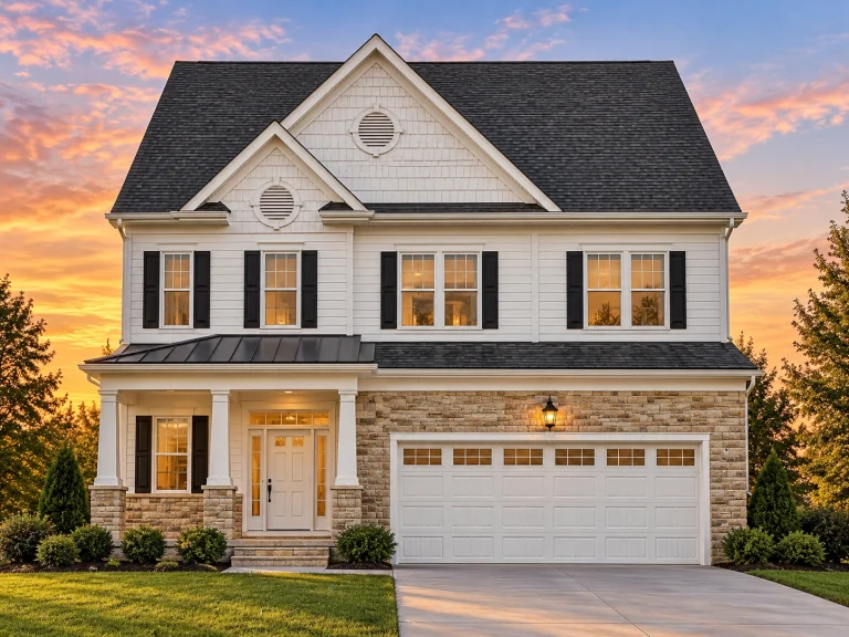 Front view of a Traditional Colonial style home featuring horizontal siding, black shutters, and a two-car garage with dark wood doors.