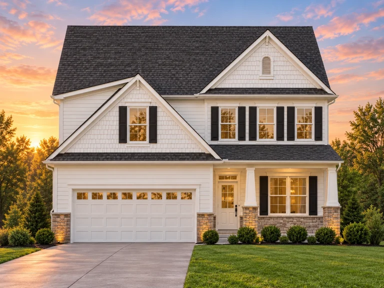 Front elevation of a New American style two-story house featuring stone accents, horizontal siding, board and batten details, and an attached two-car garage