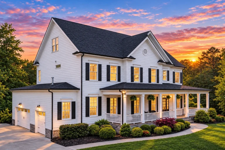 Front elevation of a two-story Colonial Revival style home with horizontal siding, symmetrical windows, covered front porch, and attached garage
