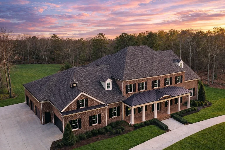Front elevation of a Neo-Colonial (Colonial Revival) home with horizontal lap siding, symmetrical windows, dormers, and a columned covered porch entry