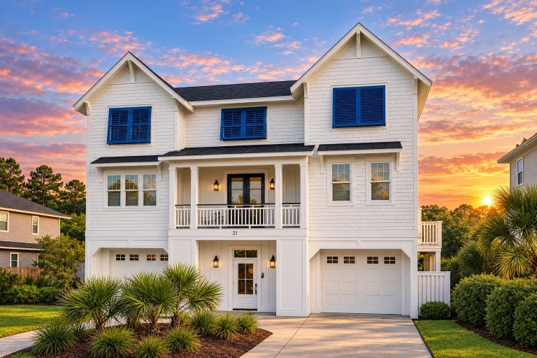 Front elevation of a coastal shingle style house featuring raised foundation, covered porches, blue shutters, and classic beach architecture