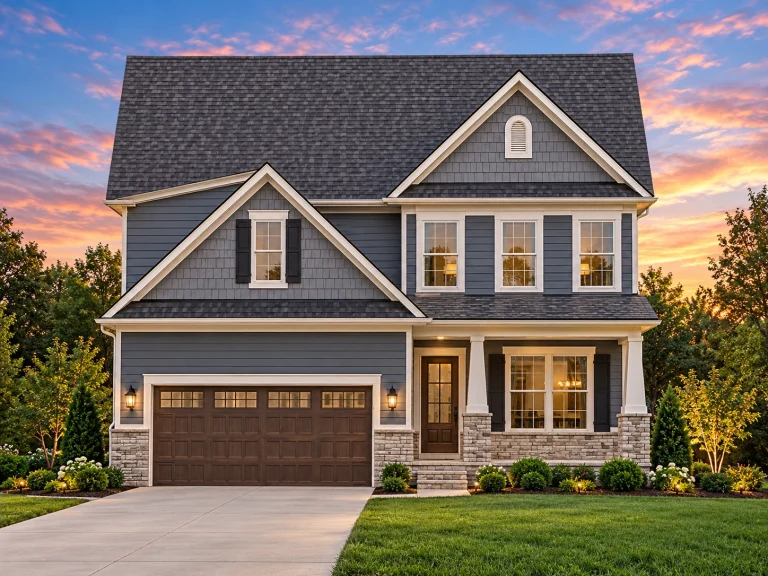 Front elevation of a New American style two-story house featuring stone accents, horizontal siding, board and batten details, and an attached two-car garage