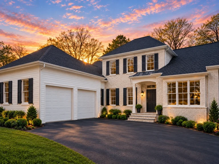 Classic Suburban House Plans 12 Front elevation of a traditional Colonial style brick home with symmetrical windows, centered entry, and classic shutters