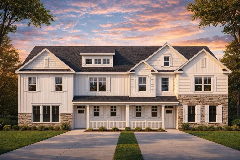 Front view of a Traditional Colonial style home featuring board and batten siding, horizontal lap siding, and stone detailing with a symmetrical two-story façade.