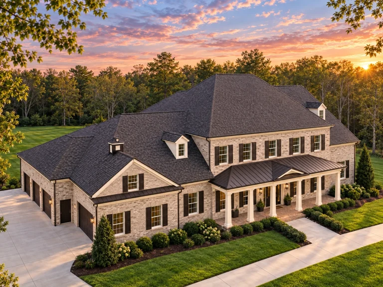 Front elevation of a Neo-Colonial (Colonial Revival) home with horizontal lap siding, symmetrical windows, dormers, and a columned covered porch entry