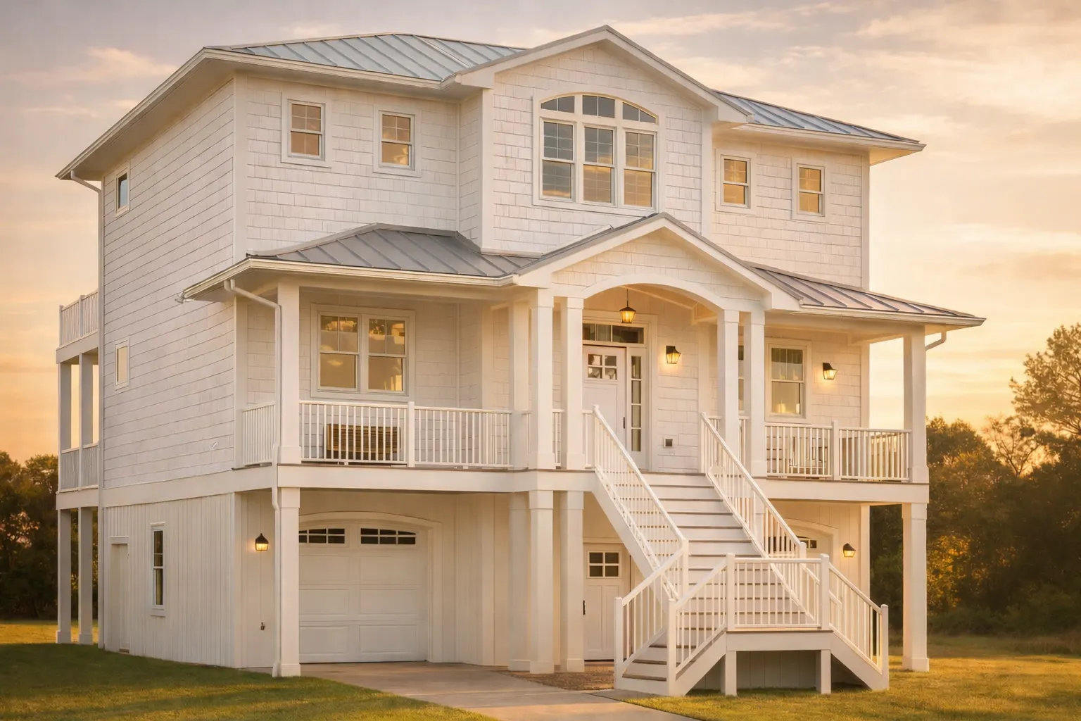 Front elevation of a Coastal Traditional house with elevated foundation, horizontal siding, double stacked porches, metal roof, and classic Low Country detailing