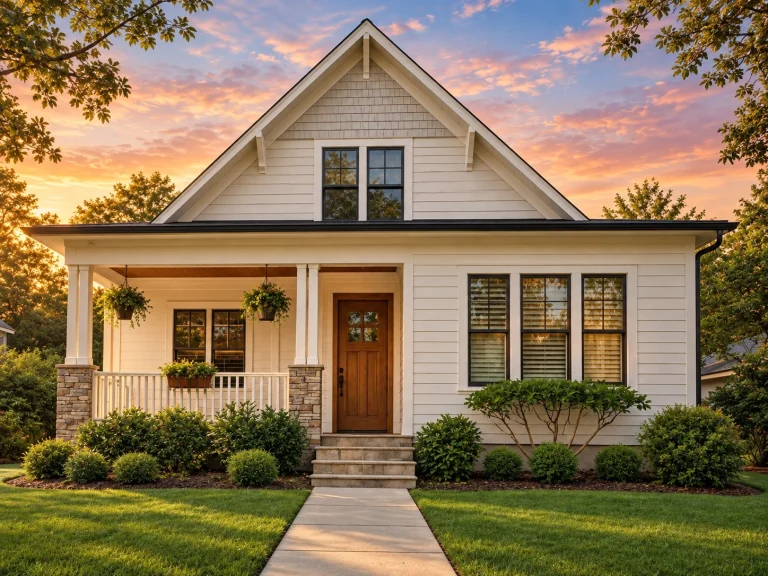 Front exterior view of a farmhouse cottage style home with horizontal lap siding, covered front porch, gable roof, and landscaped yard