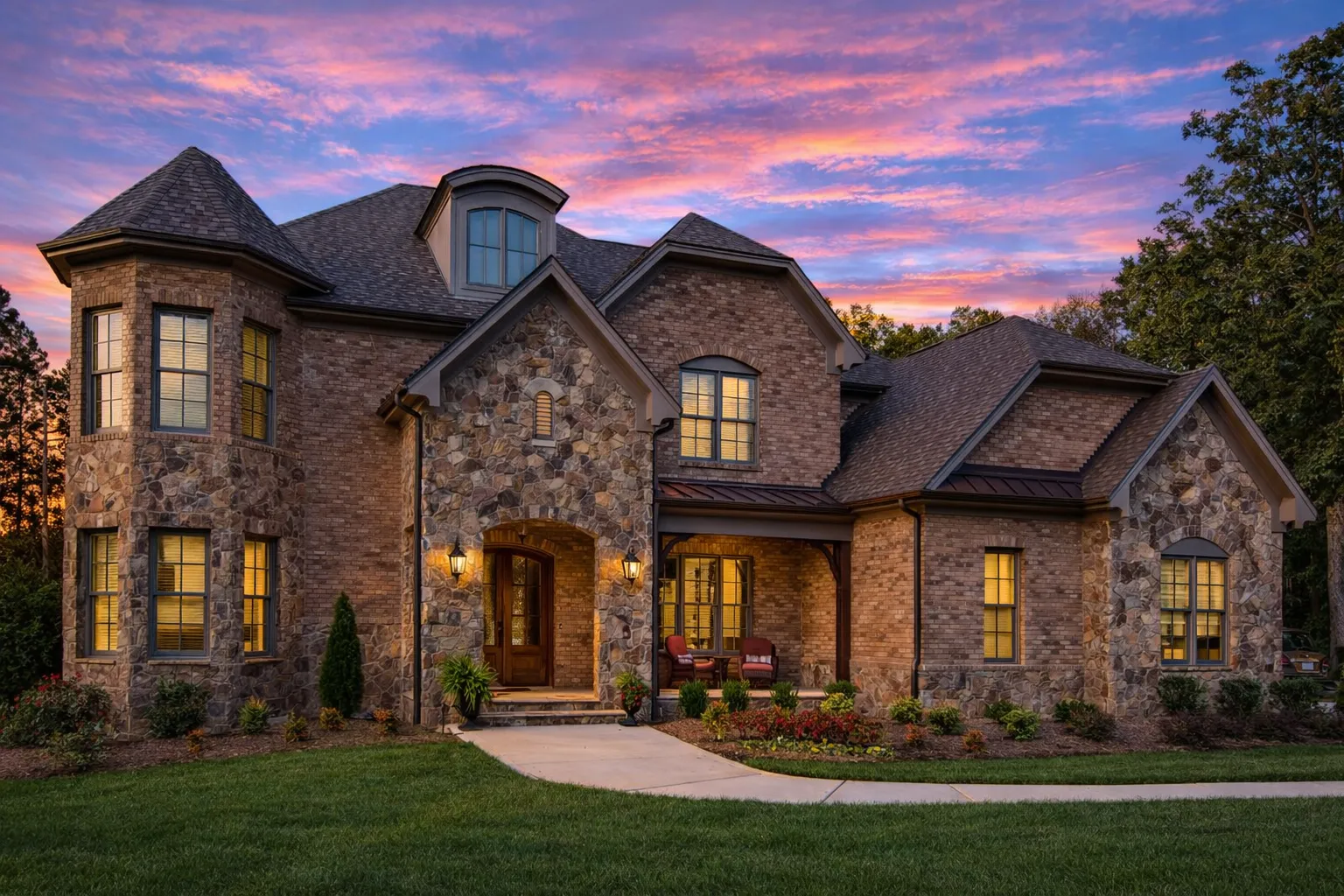 Front elevation of a New American style luxury home featuring brick and stone exterior, steep gabled rooflines, arched entry, and balanced modern traditional architecture