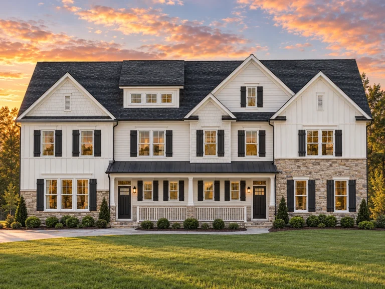 Front view of a Traditional Colonial style home featuring board and batten siding, horizontal lap siding, and stone detailing with a symmetrical two-story façade.