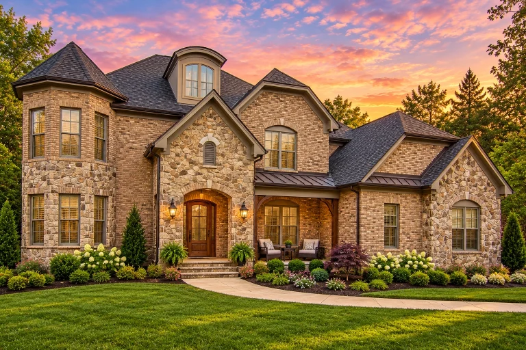 Front elevation of a New American style luxury home featuring brick and stone exterior, steep gabled rooflines, arched entry, and balanced modern traditional architecture