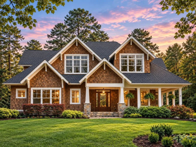 Front elevation of a Traditional New American brick house with symmetrical gables, dark trim windows, and classic covered entry