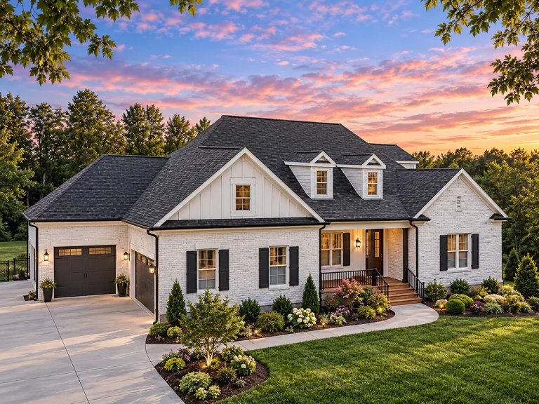 Modern Suburban House Plans 21 Front exterior view of a Traditional New American style home with symmetrical facade, gabled rooflines, lap siding, shutters, and covered entry porch