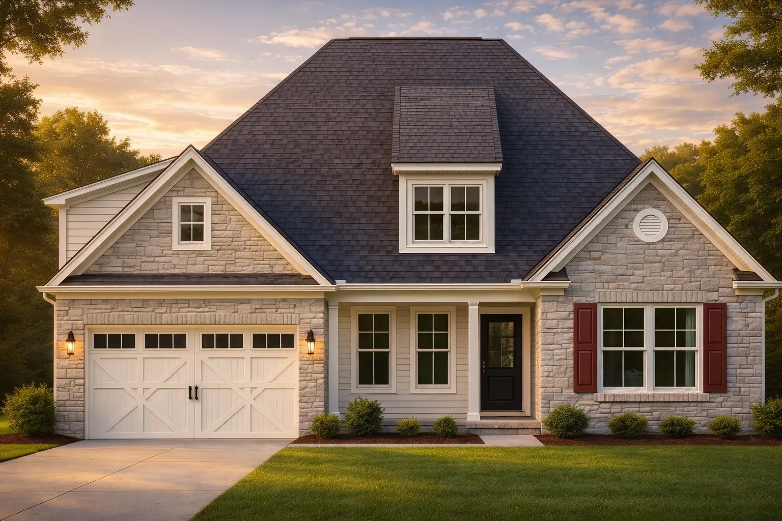 Front elevation of a Traditional Transitional style home featuring a stone and horizontal siding exterior, dark shingle roof, and red window shutters.