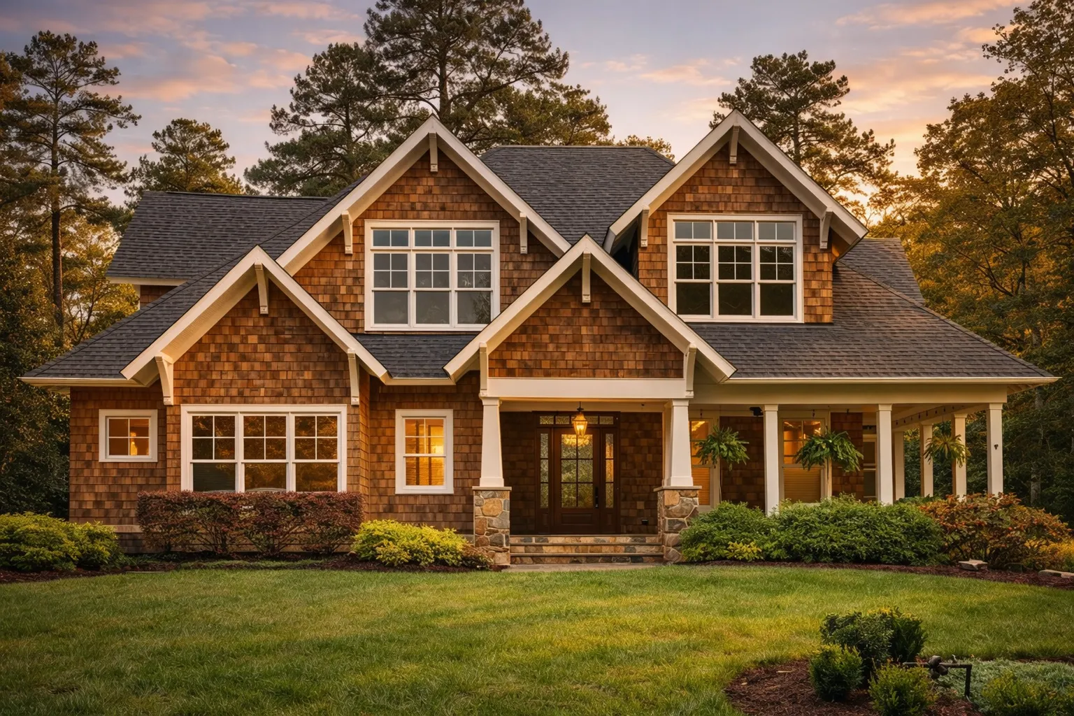 Front elevation of a Traditional New American brick house with symmetrical gables, dark trim windows, and classic covered entry