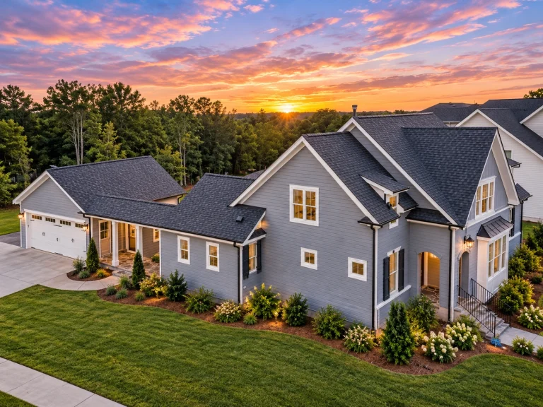 Front view of Modern Farmhouse style home featuring brick and board and batten exterior, gabled roofline, and symmetrical windows