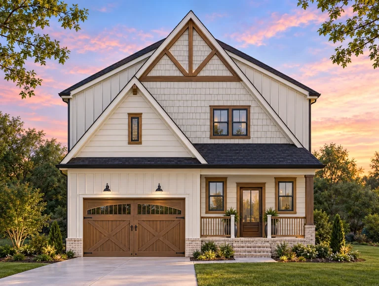 Front view of Modern Farmhouse style home featuring board and batten siding, brick base, gable detailing, and covered front porch with black accents