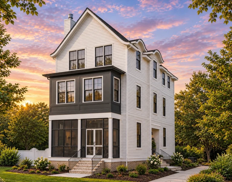 Front elevation of a Neo-Colonial Georgian style home featuring symmetrical design, clapboard siding, and refined classical detailing
