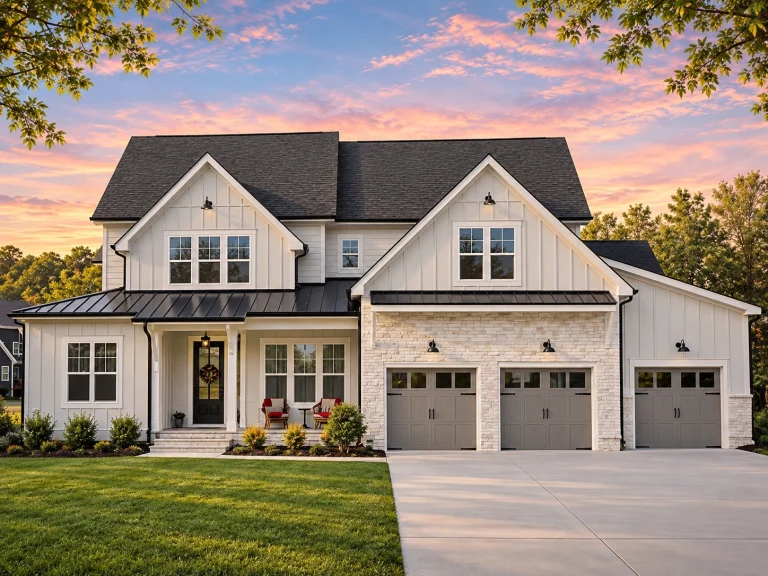 Front elevation of a modern farmhouse style home featuring board and batten siding, brick garage accents, steep gable rooflines, and a three-car garage