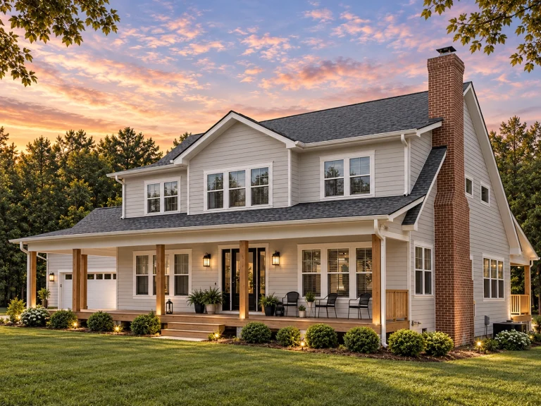 Front elevation of a Modern Traditional New American style home featuring horizontal siding, stone accents, covered porch, and attached garage