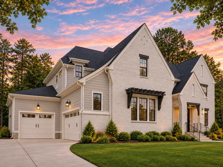 House Plans with Second Floor Laundry Room 18 Front exterior of a New American Modern Traditional home with painted brick exterior, symmetrical façade, gabled rooflines, and refined Colonial-inspired detailing
