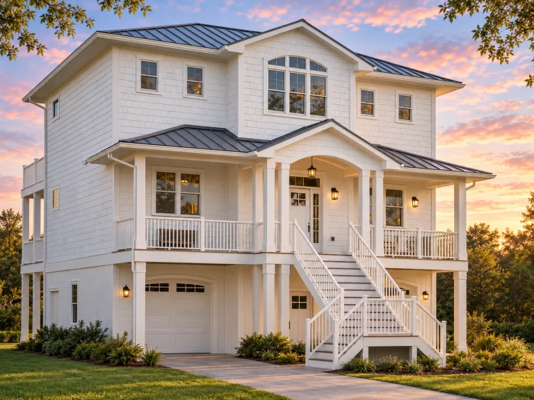 Garage Apartment Plans 18 Front elevation of a Coastal Traditional house with elevated foundation, horizontal siding, double stacked porches, metal roof, and classic Low Country detailing