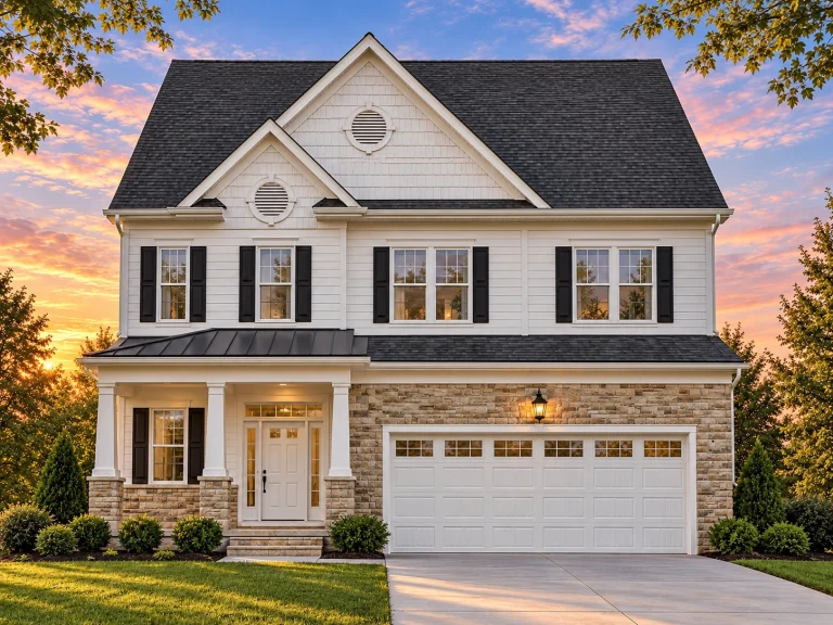 Front view of a Traditional Colonial style home featuring horizontal siding, black shutters, and a two-car garage with dark wood doors.