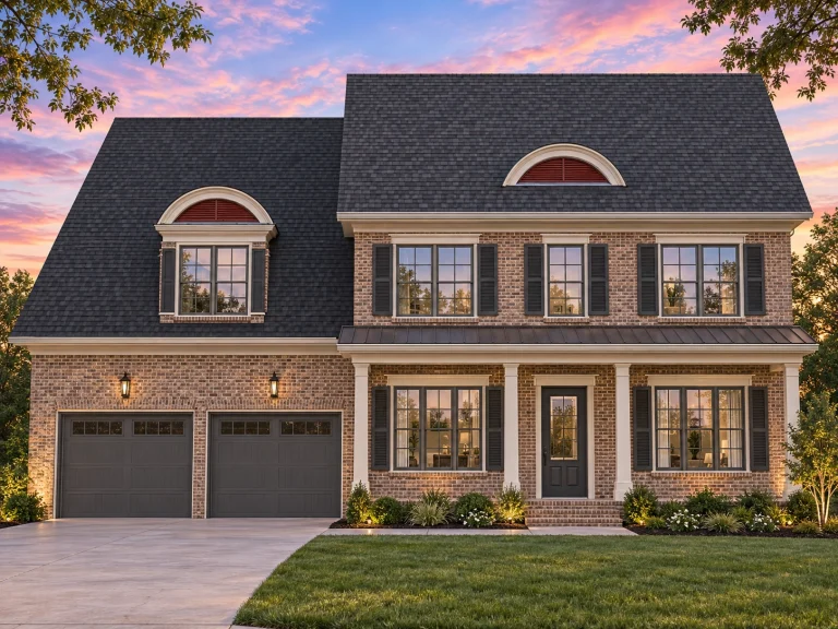Front exterior of a Traditional Colonial style home with brick facade, dormer windows, black shutters, and attached two-car garage