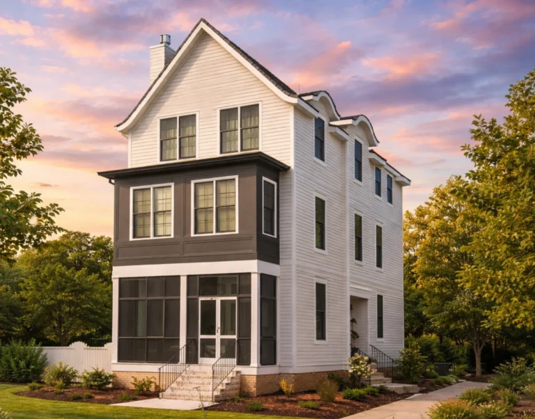 Front elevation of a Neo-Colonial Georgian style home featuring symmetrical design, clapboard siding, and refined classical detailing