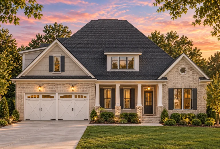 Front elevation of a Traditional Transitional style home featuring a stone and horizontal siding exterior, dark shingle roof, and red window shutters.