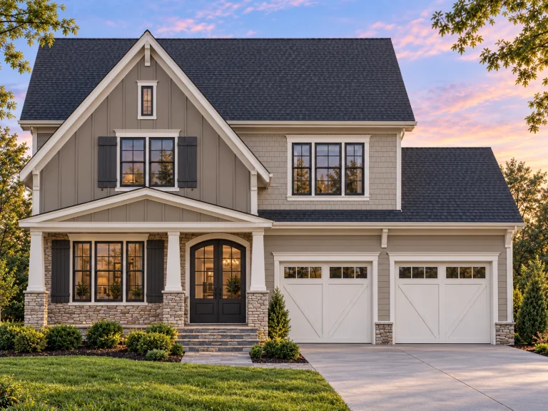 Front elevation of a Modern Farmhouse style home featuring board and batten siding, stone accents, gabled rooflines, and a double garage