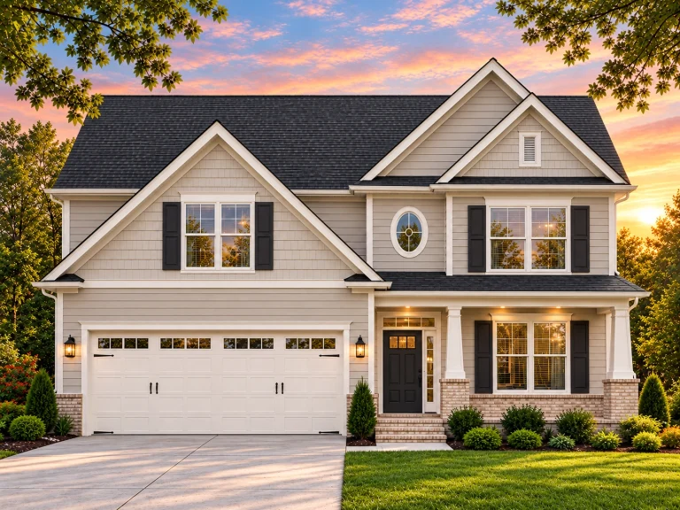 Front elevation of New American modern traditional house with white horizontal siding, brick accents, gabled roof, and covered front porch