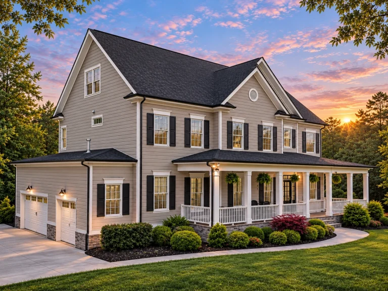 Townhome Floor Plans 6 Front elevation of a two-story Colonial Revival style home with horizontal siding, symmetrical windows, covered front porch, and attached garage