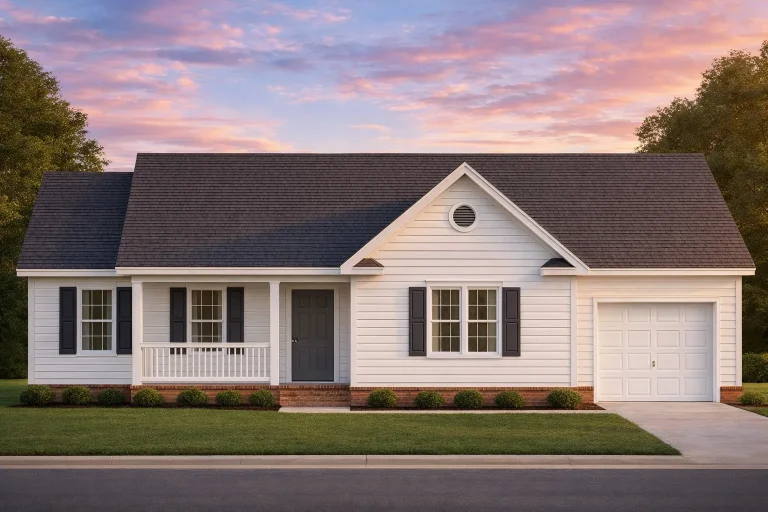 Front elevation of a Traditional Ranch style home featuring white horizontal siding, brick foundation, covered porch, and single-car garage
