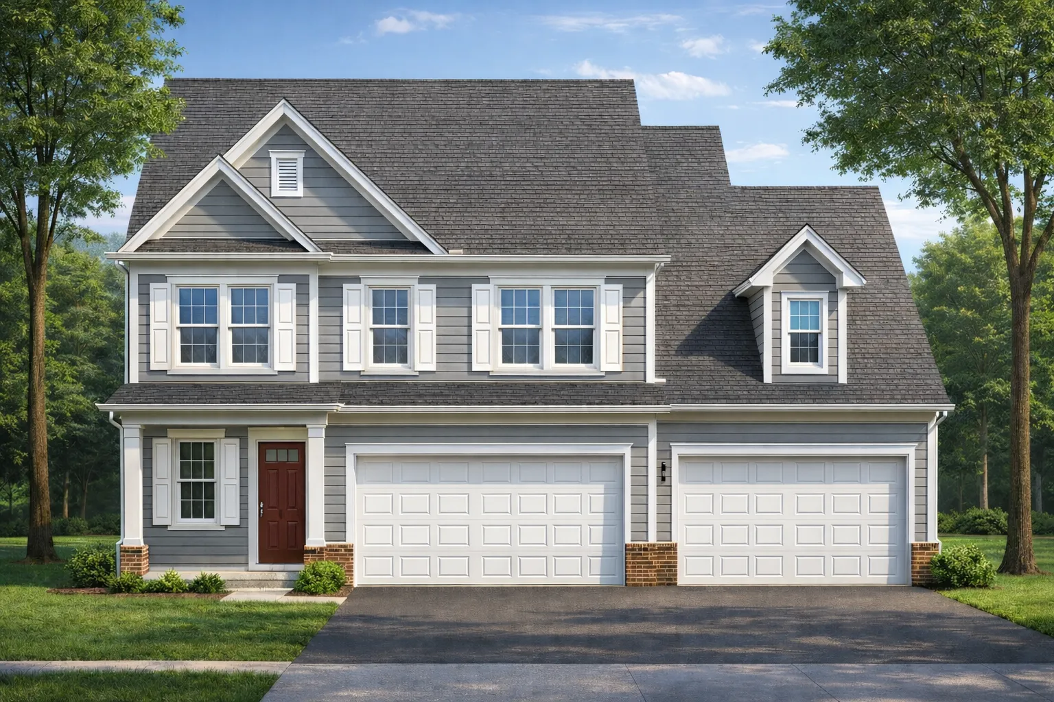 Front elevation of a Traditional Colonial style home with gray horizontal siding, white trim, symmetrical windows, and a double front-entry garage